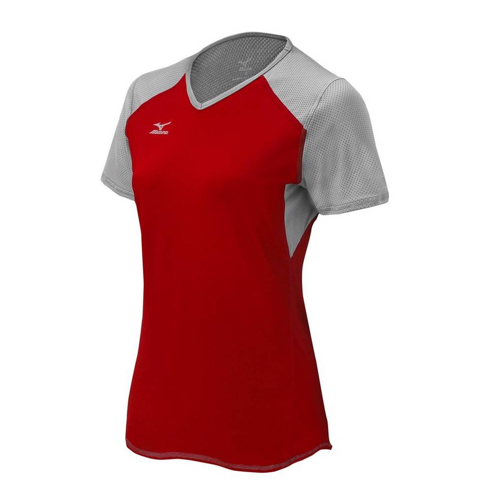 Camisas Mizuno Voleibol Techno VI Short Sleeve - Mulher - Vermelhas/Prateadas/Cinzentas - SRVOI1054